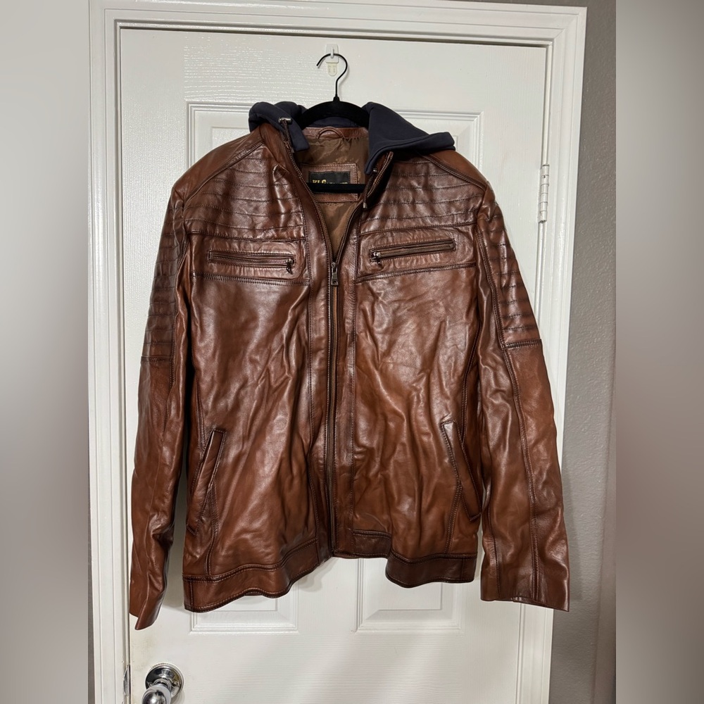 KLG Men's Tan Turkish Leather Jacket with zip off Hood